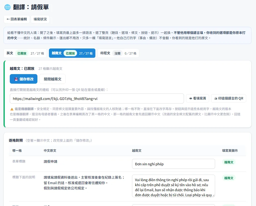 表單的翻譯頁，列出每一格的中文原文與越南文譯文